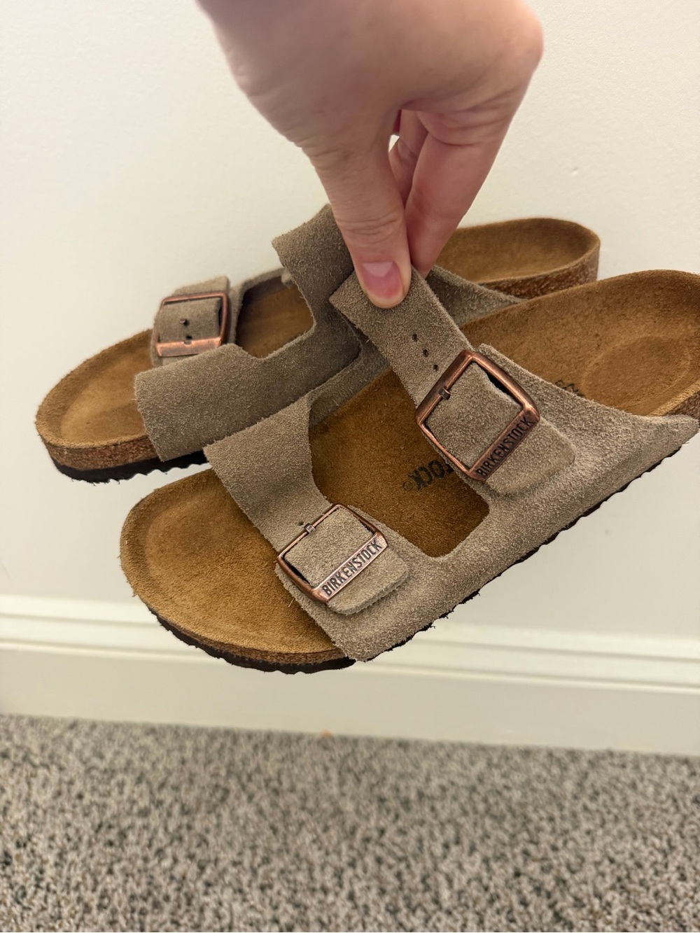 Birkenstock Kids Suede Two-Strap Sandals in Taupe Brown with Copper Buckles